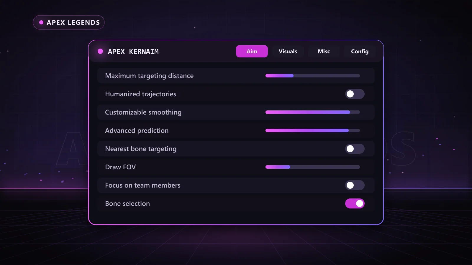 Apex Kernaim for Apex Legends: menu with Customizable hotkey, Bone selection, Nearest bone targeting