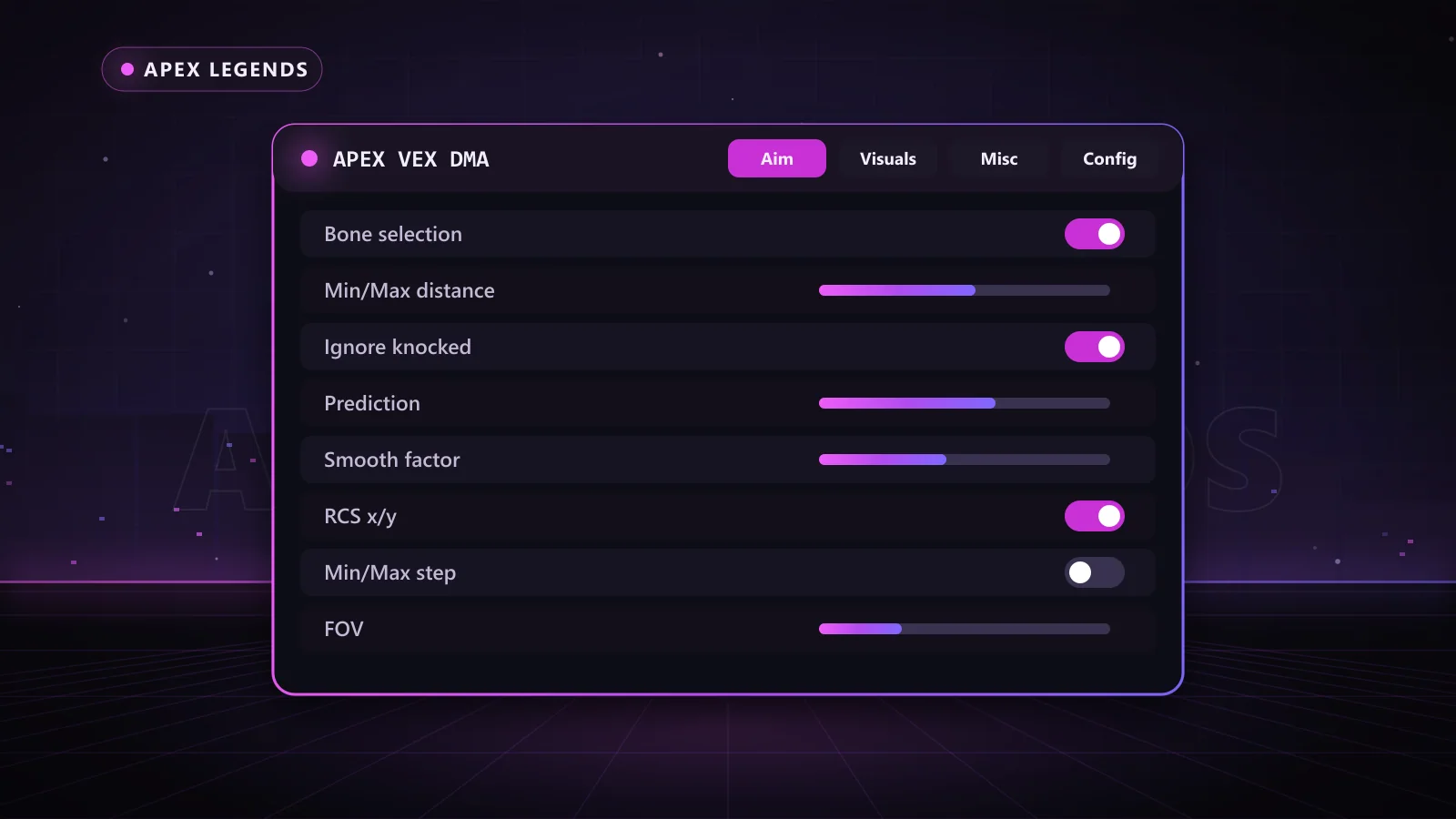 Apex Vex DMA for Apex Legends: menu with Player Aimbot, FOV, Per-weapon settings