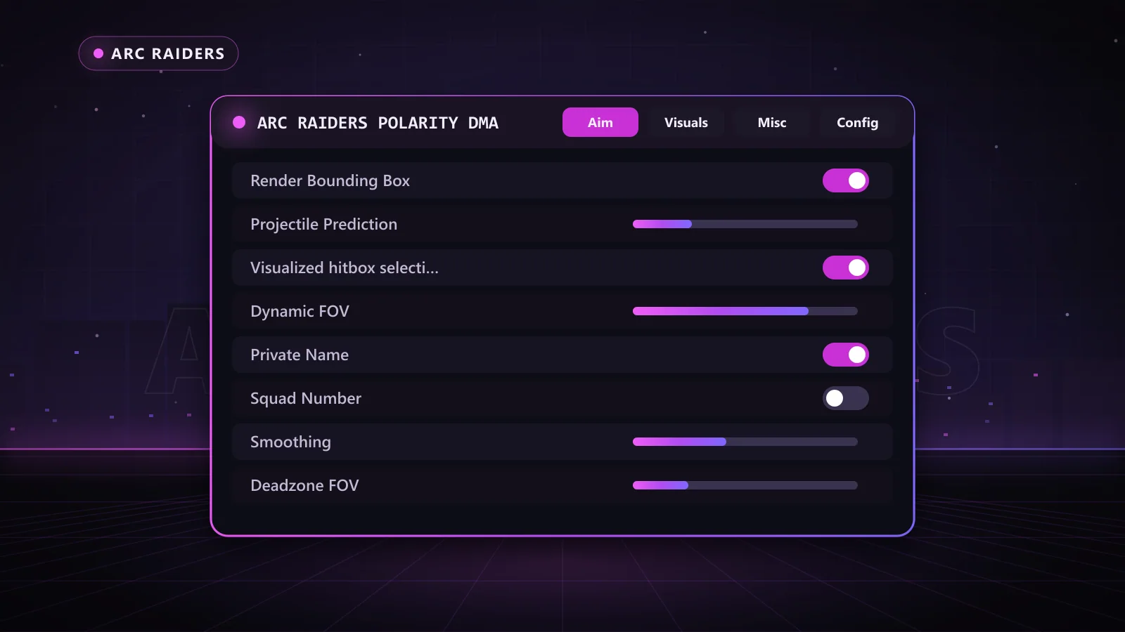 ARC Raiders Polarity DMA for ARC Raiders: menu with Projectile Prediction, FOV, Deadzone FOV