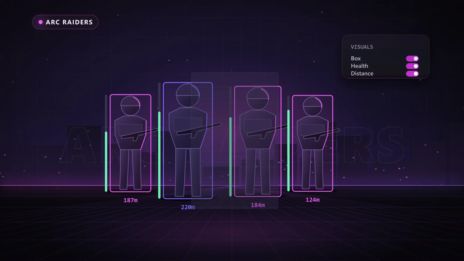 Illustration of ESP boxes, health bars and distance tags on enemy players in ARC Raiders
