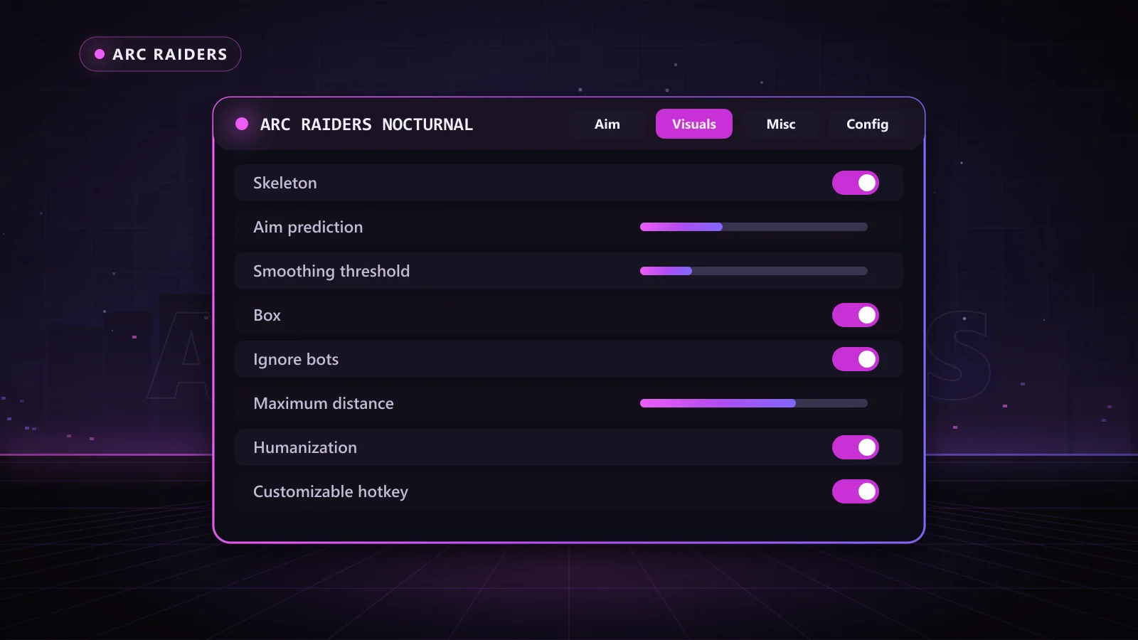 ARC Raiders Nocturnal for ARC Raiders: menu with Customizable hotkey, Customizable FOV, Customizable smoothing