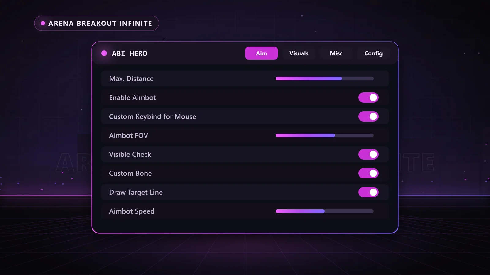 ABI Hero for Arena Breakout Infinite: menu with Enable Aimbot, Visible Check, Custom Bone