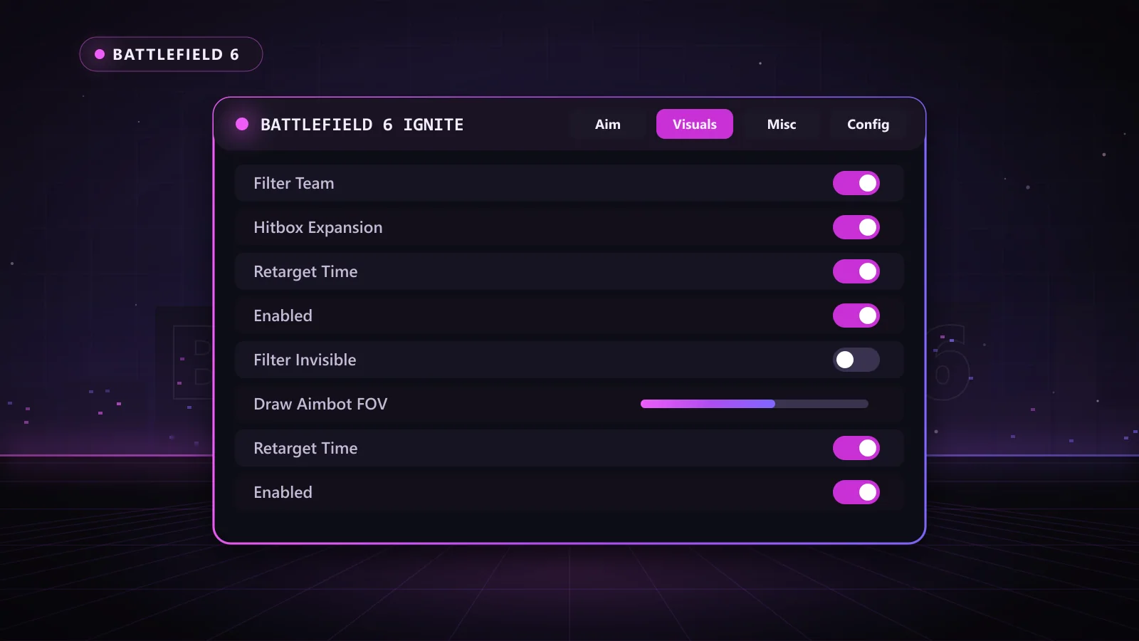 Battlefield 6 Ignite for Battlefield 6: menu with Enabled, Speed, Field of View