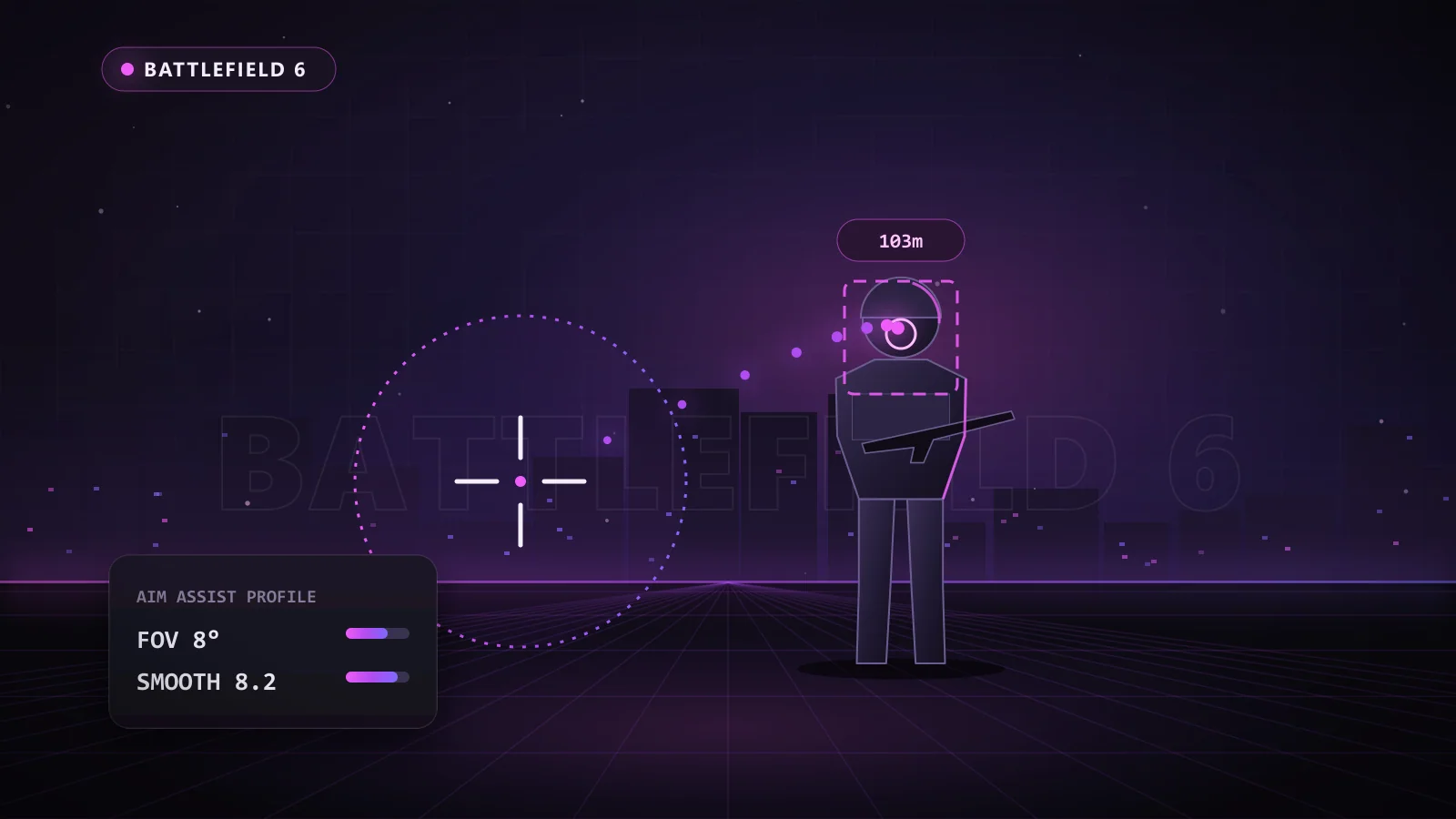 Illustration of an aim assist FOV circle locking onto a target in Battlefield 6