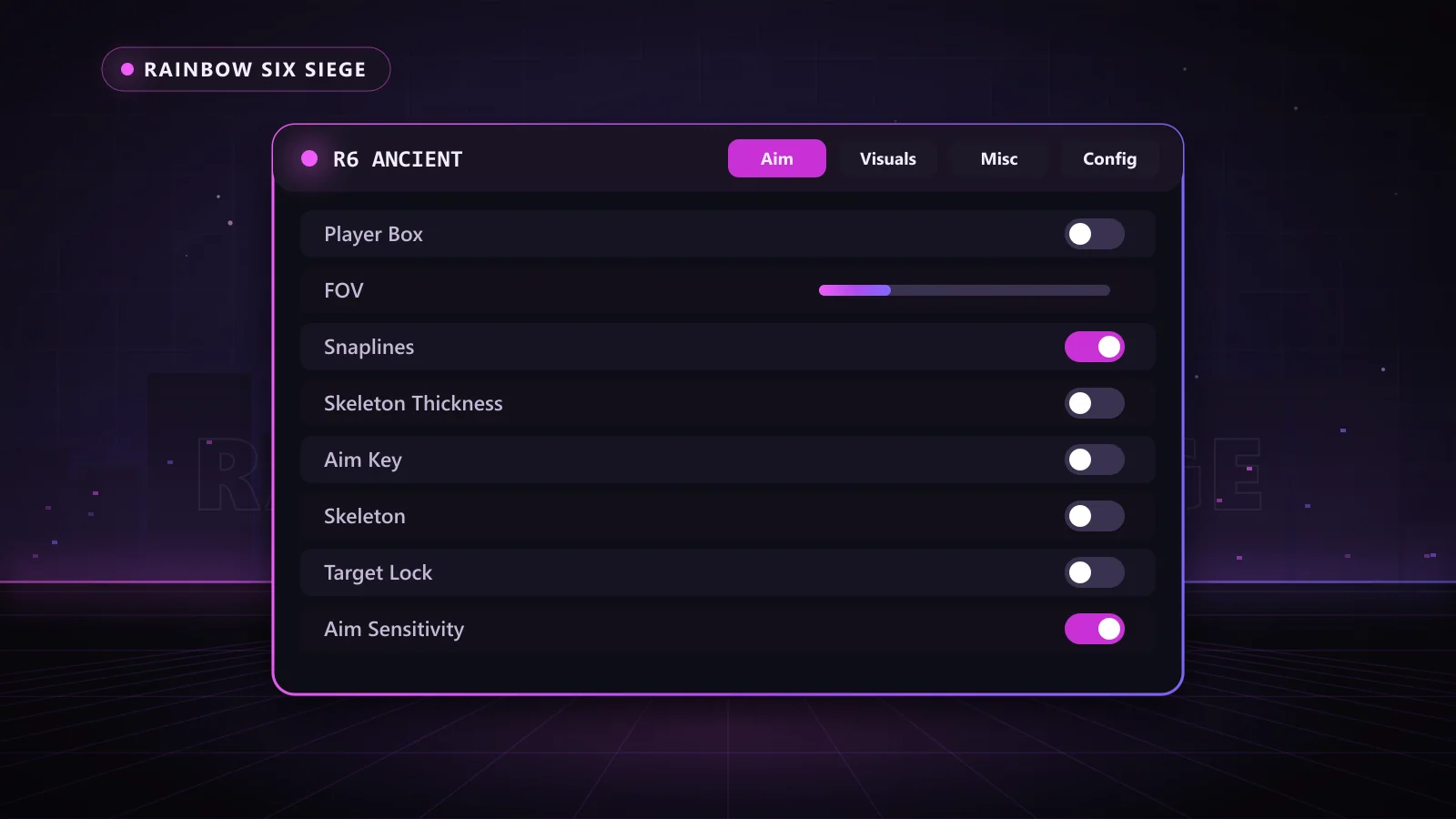 R6 Ancient for Rainbow Six Siege: menu with Enable Aimbot, Aim Key, FOV