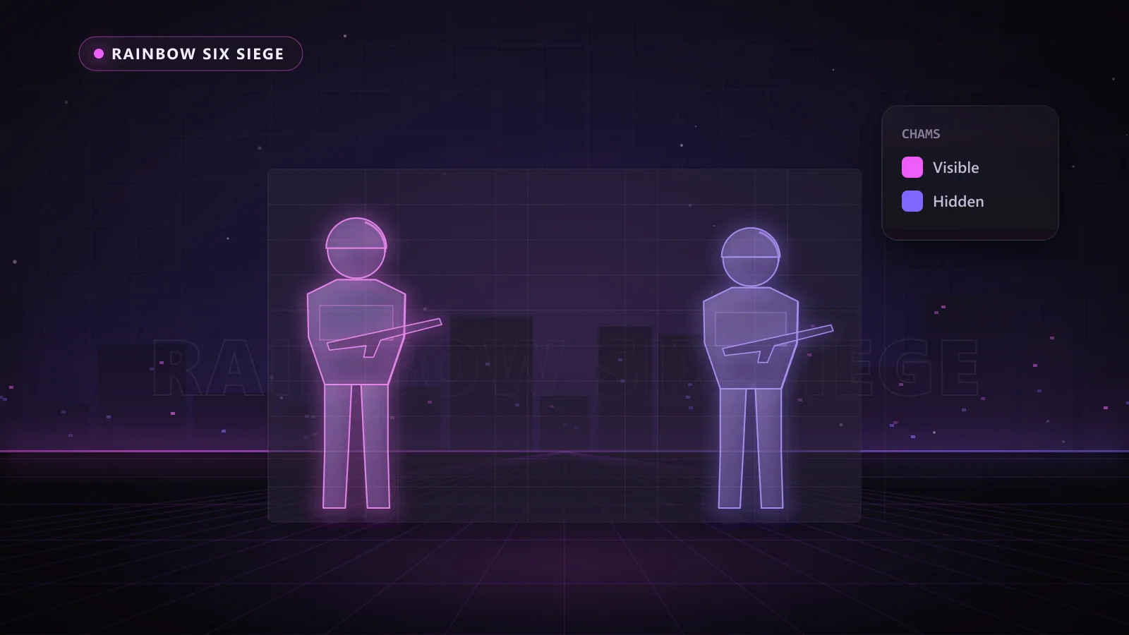 Illustration of ESP boxes, health bars and distance tags on enemy players in Rainbow Six Siege