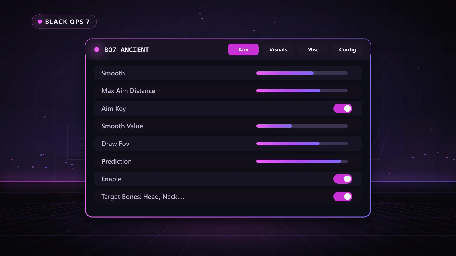 BO7 Ancient for Black Ops 7: menu with Enable, Aim Key, Draw Fov