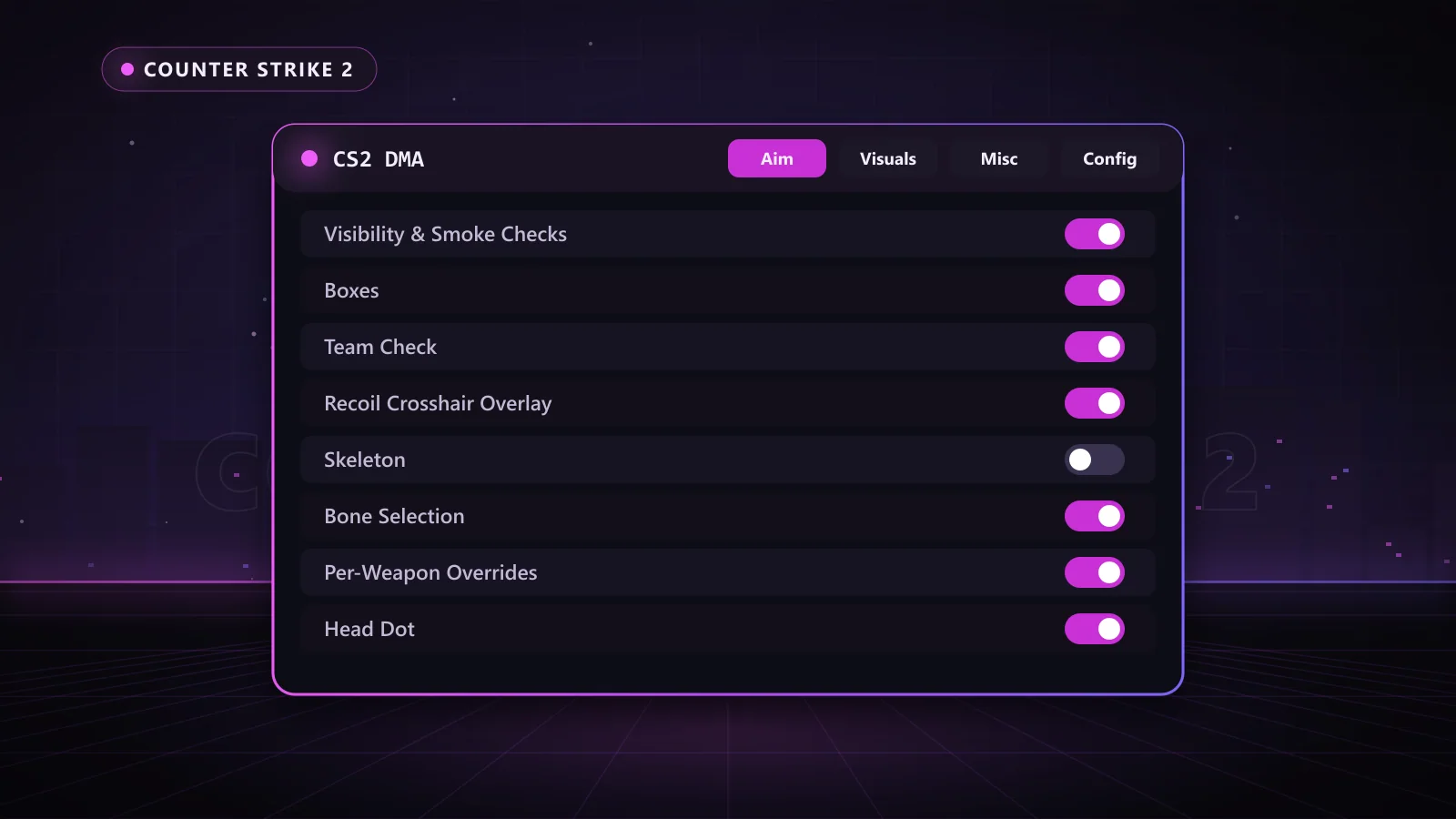 CS2 DMA for Counter Strike 2: menu with Aim Assist, Bone Selection, Per-Weapon Overrides