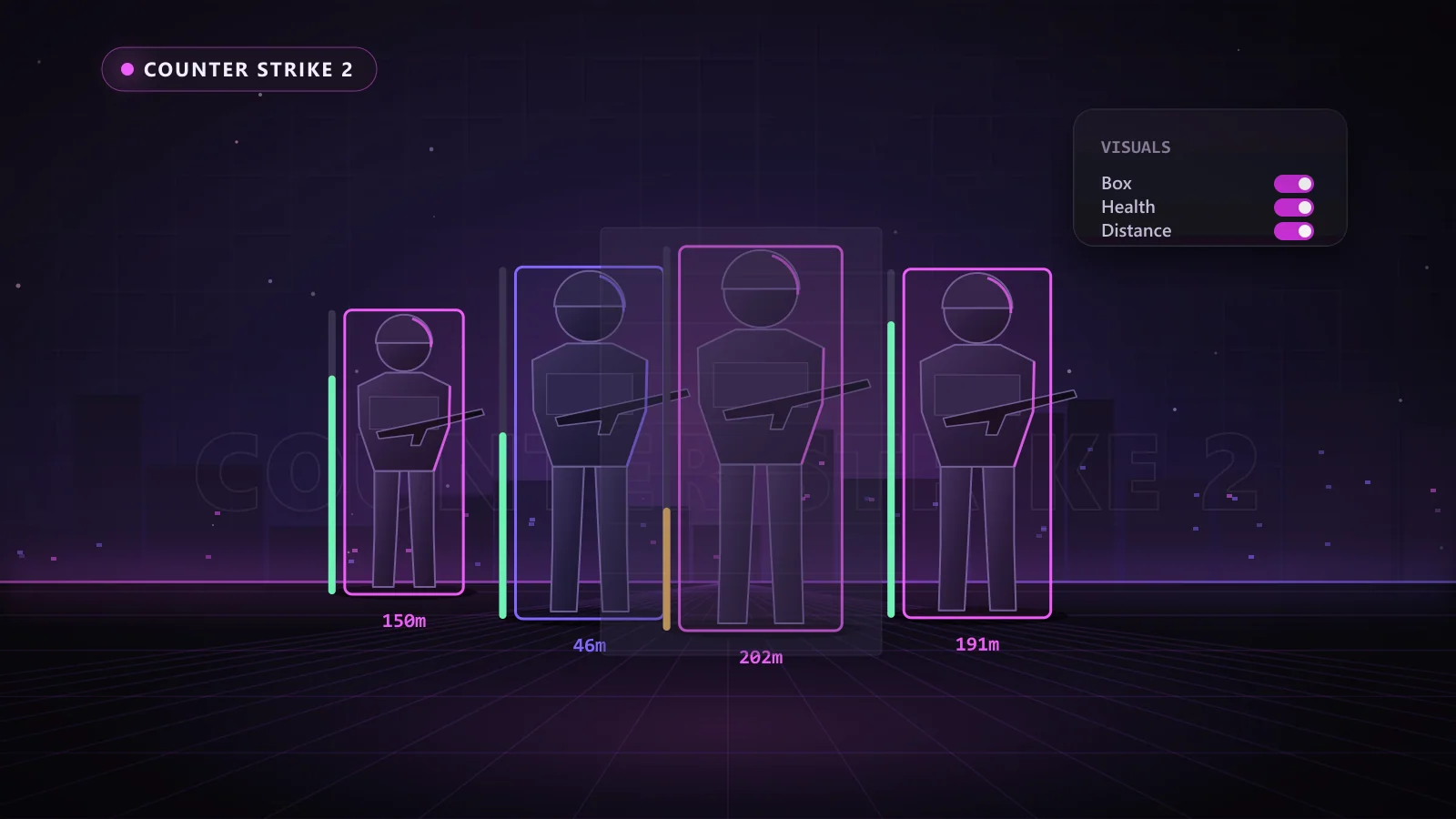 Illustration of ESP boxes, health bars and distance tags on enemy players in Counter Strike 2