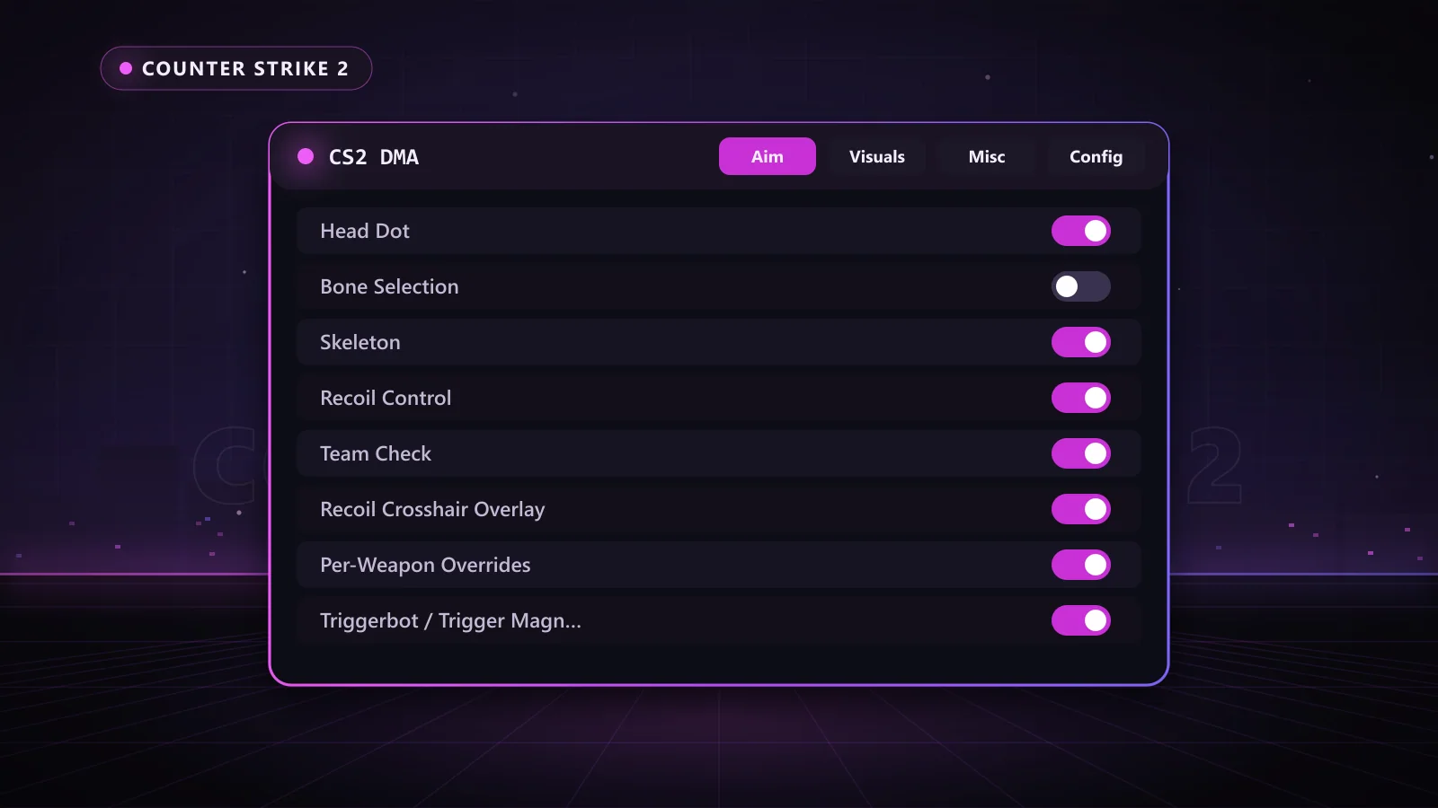 CS2 DMA for Counter Strike 2: menu with Aim Assist, Bone Selection, Per-Weapon Overrides