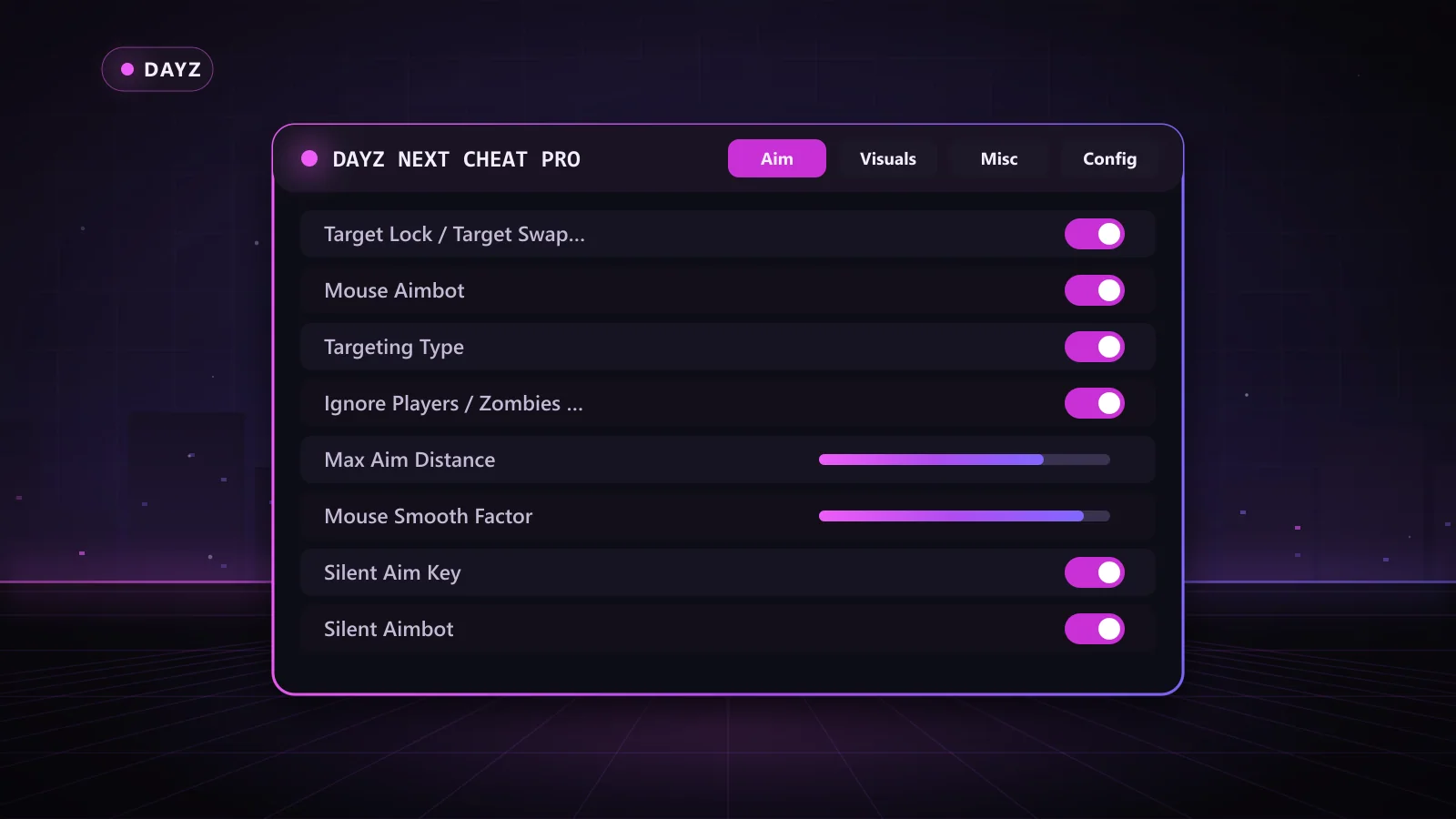 DayZ Next Cheat Pro for DayZ: menu with Mouse Aimbot, Silent Aimbot, Silent Aim Key