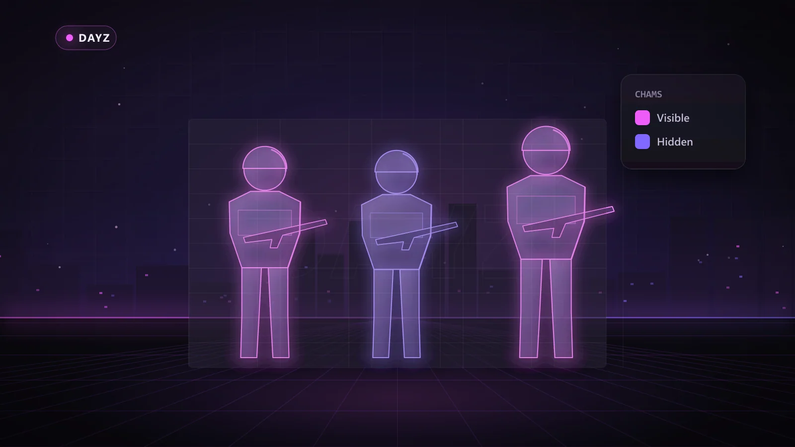 Illustration of ESP boxes, health bars and distance tags on enemy players in DayZ