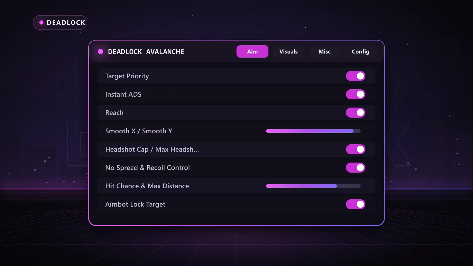 Deadlock Avalanche for Deadlock: menu with Global / Per-Weapon support with individual weapon overrides, Aim Types: Normal, PSilent, Hybrid, Global, PSilent FOV / Normal FOV