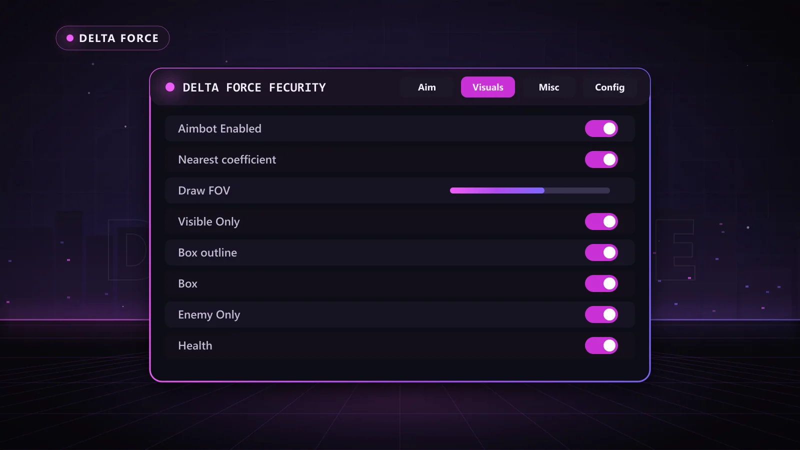 Delta Force Fecurity for Delta Force: menu with Aimbot Enabled, Visible Only, Enemy Only