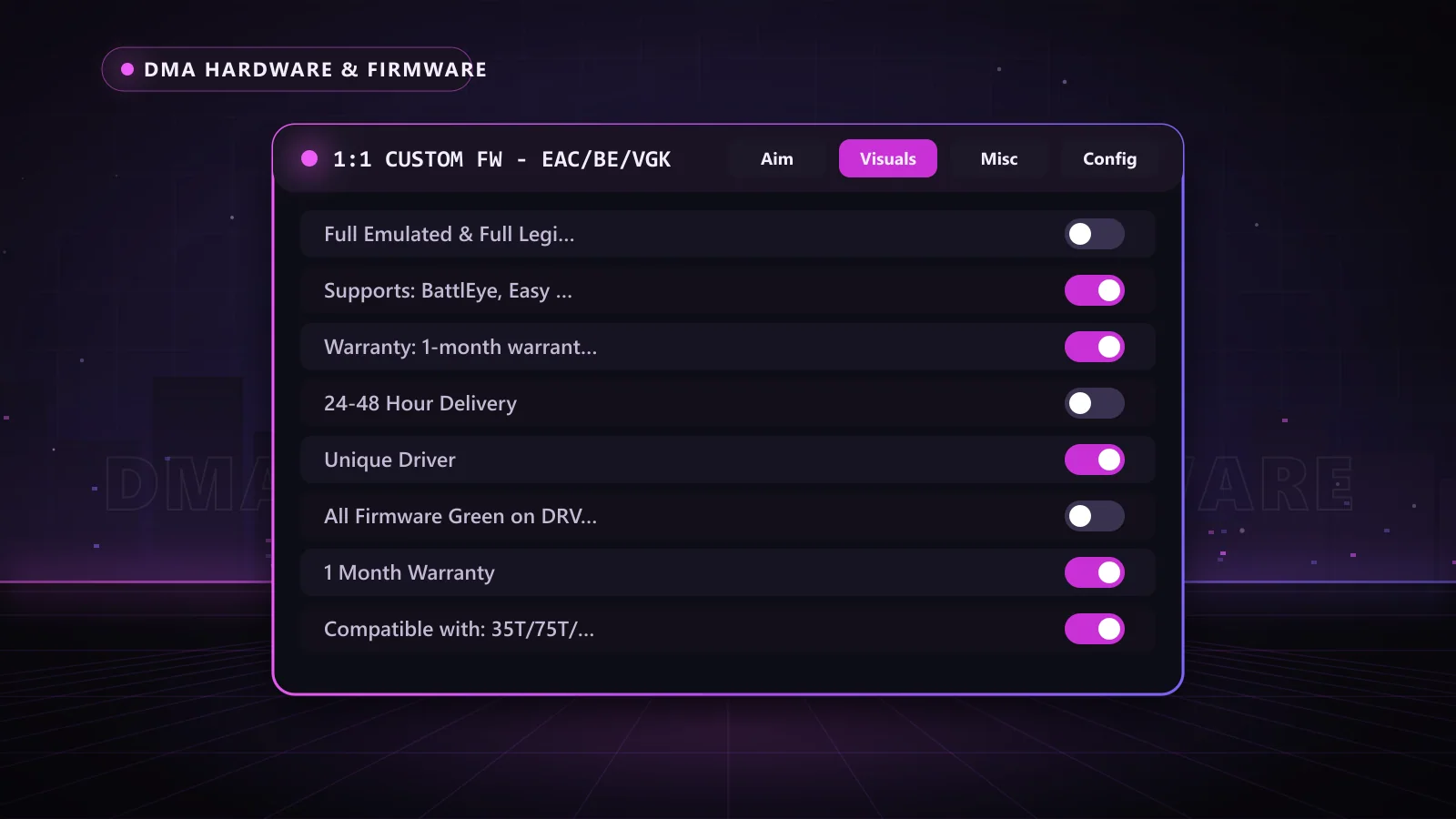1:1 Custom FW - EAC/BE/VGK for DMA Hardware & Firmware: menu with Supports: BattlEye, Easy Anti-Cheat, ACE, VGK, Compatible with: 35T/75T/100T/ZDMA, Warranty: 1-month warranty for all Firmware