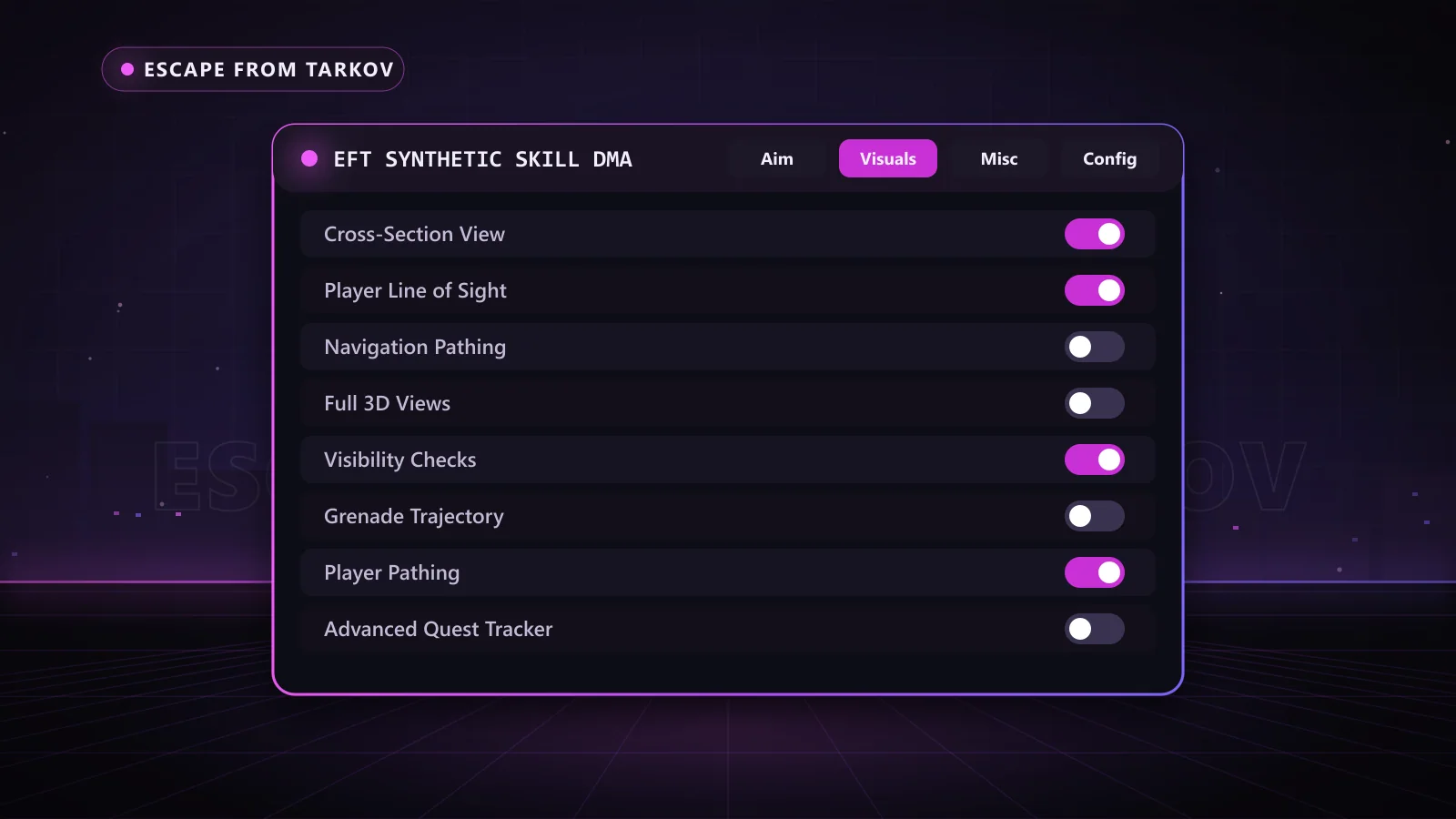 EFT Synthetic Skill DMA for Escape from Tarkov: menu with Visibility Checks, Player Info, Full 3D Views