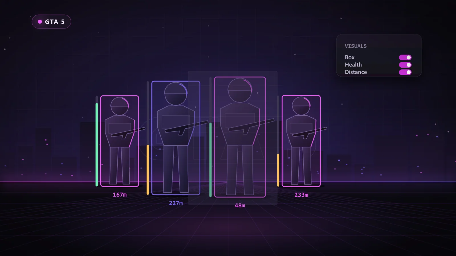 Illustration of ESP boxes, health bars and distance tags on enemy players in GTA 5