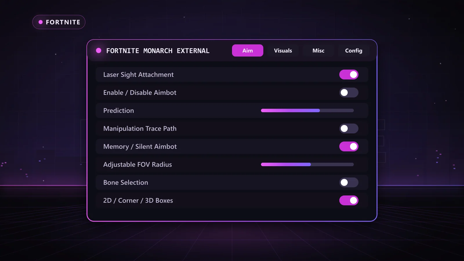 Fortnite Monarch External for Fortnite: menu with Enable / Disable Aimbot, Memory / Silent Aimbot, Adjustable FOV Radius