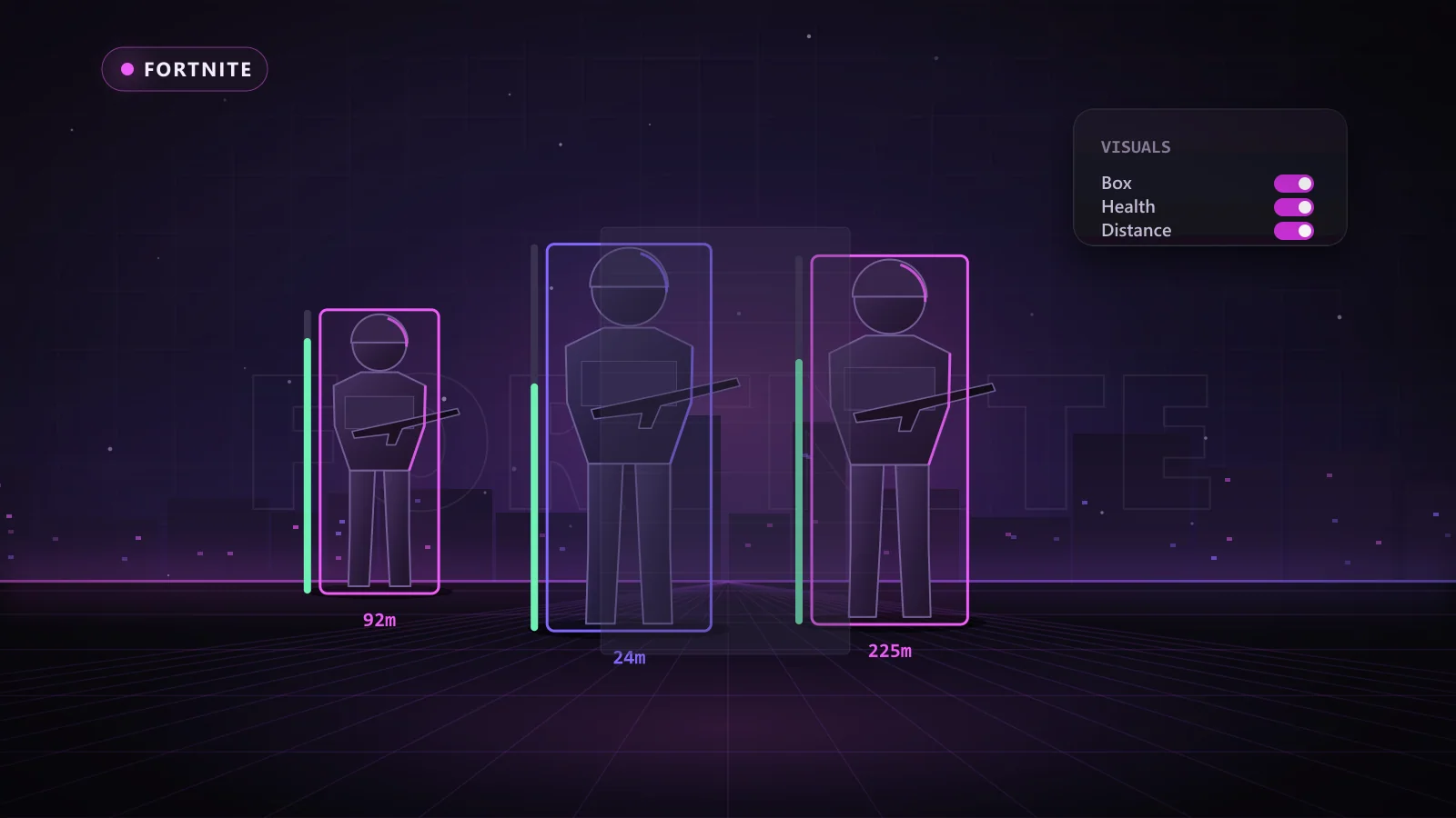 Illustration of ESP boxes, health bars and distance tags on enemy players in Fortnite