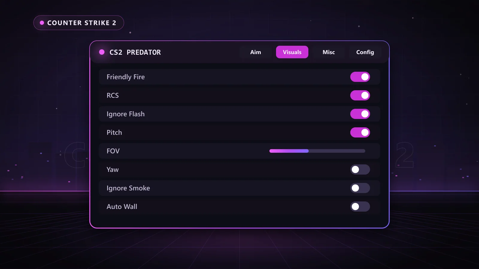 CS2 Predator for Counter Strike 2: menu with Enable, Hit Group, FOV Type