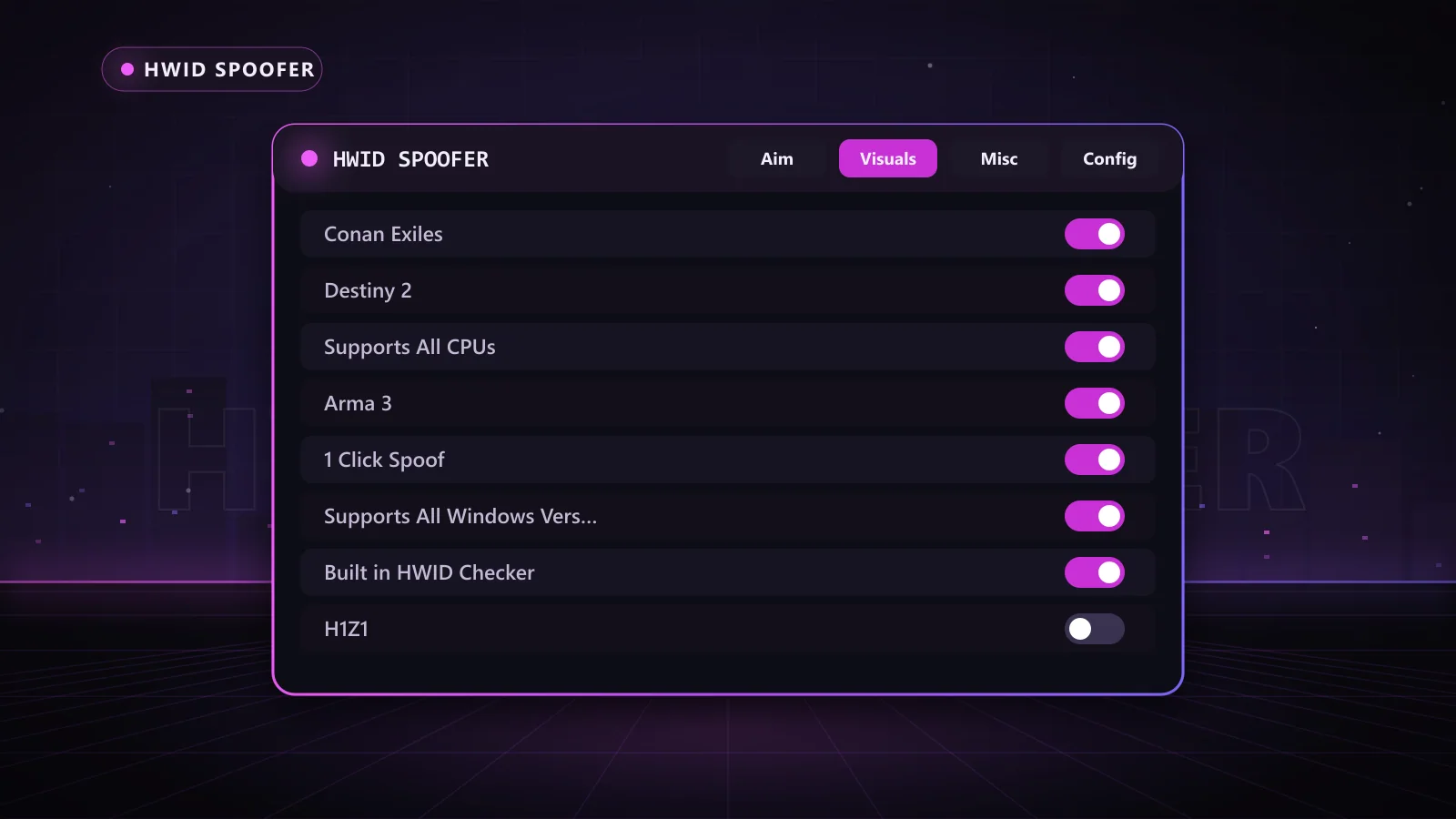 HWID Spoofer for HWID Spoofer: menu with Supports All Windows Versions, Supports All CPUs, 1 Click Spoof