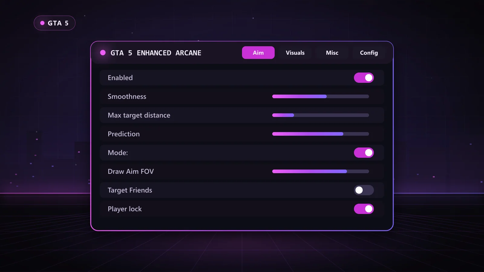 GTA 5 Enhanced Arcane for GTA 5: menu with Enabled, Mode:, Aim keybind