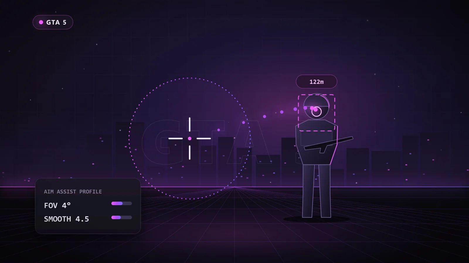 Illustration of an aim assist FOV circle locking onto a target in GTA 5