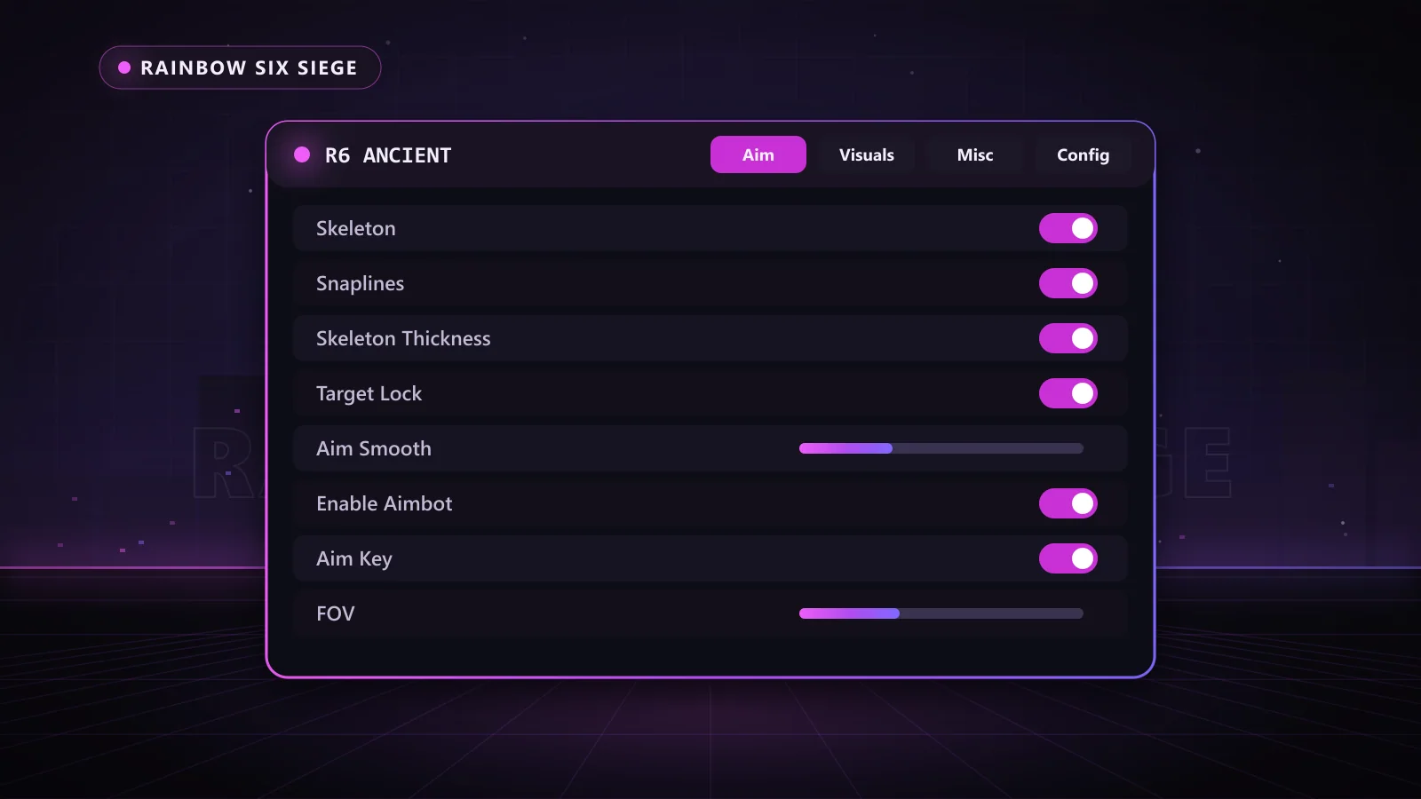 R6 Ancient for Rainbow Six Siege: menu with Enable Aimbot, Aim Key, FOV