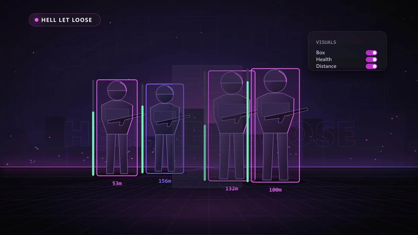 Illustration of ESP boxes, health bars and distance tags on enemy players in Hell Let Loose