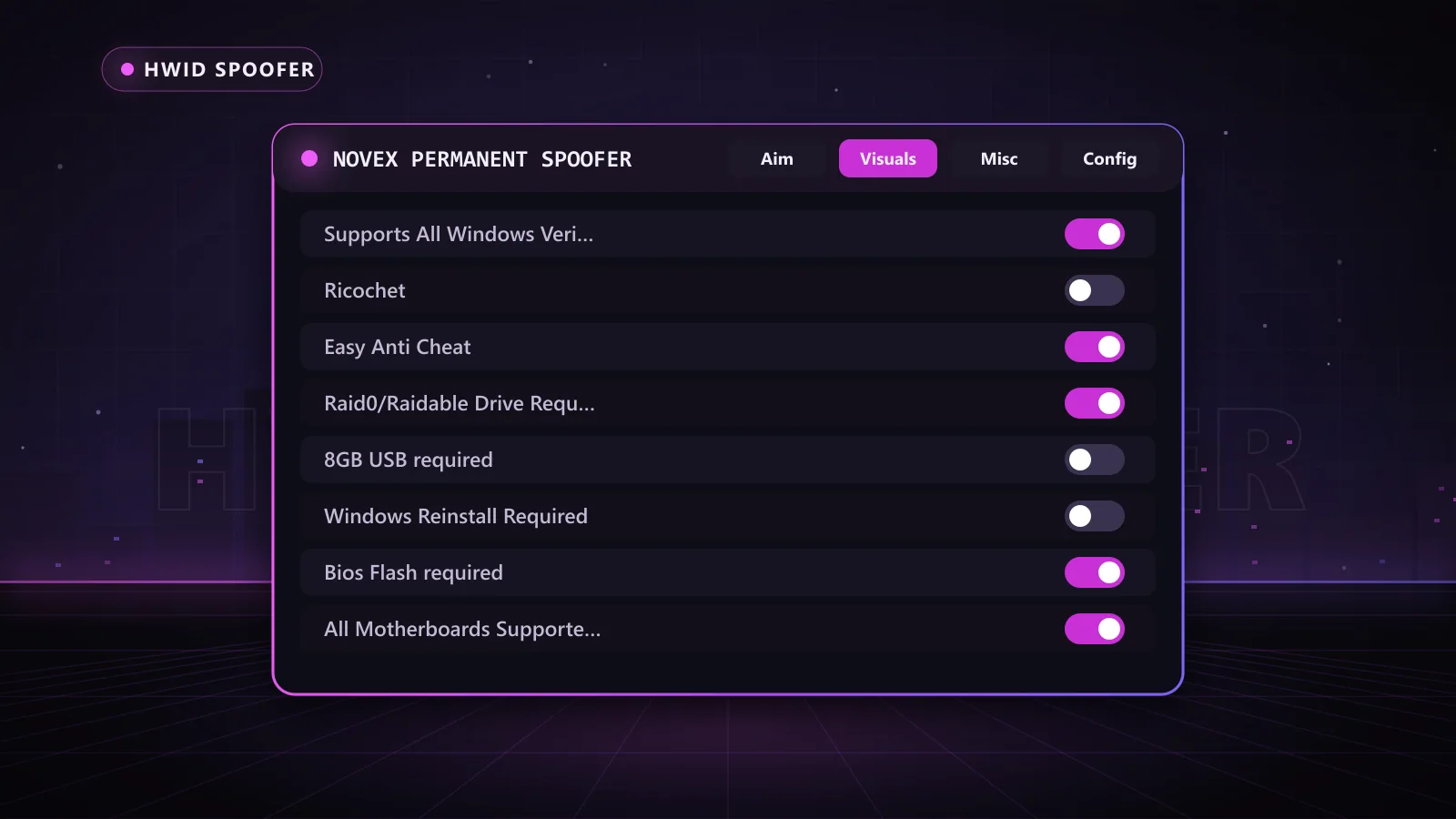 Novex Permanent Spoofer for HWID Spoofer: menu with Supports All Windows Verison, Raid0/Raidable Drive Required, Windows Reinstall Required