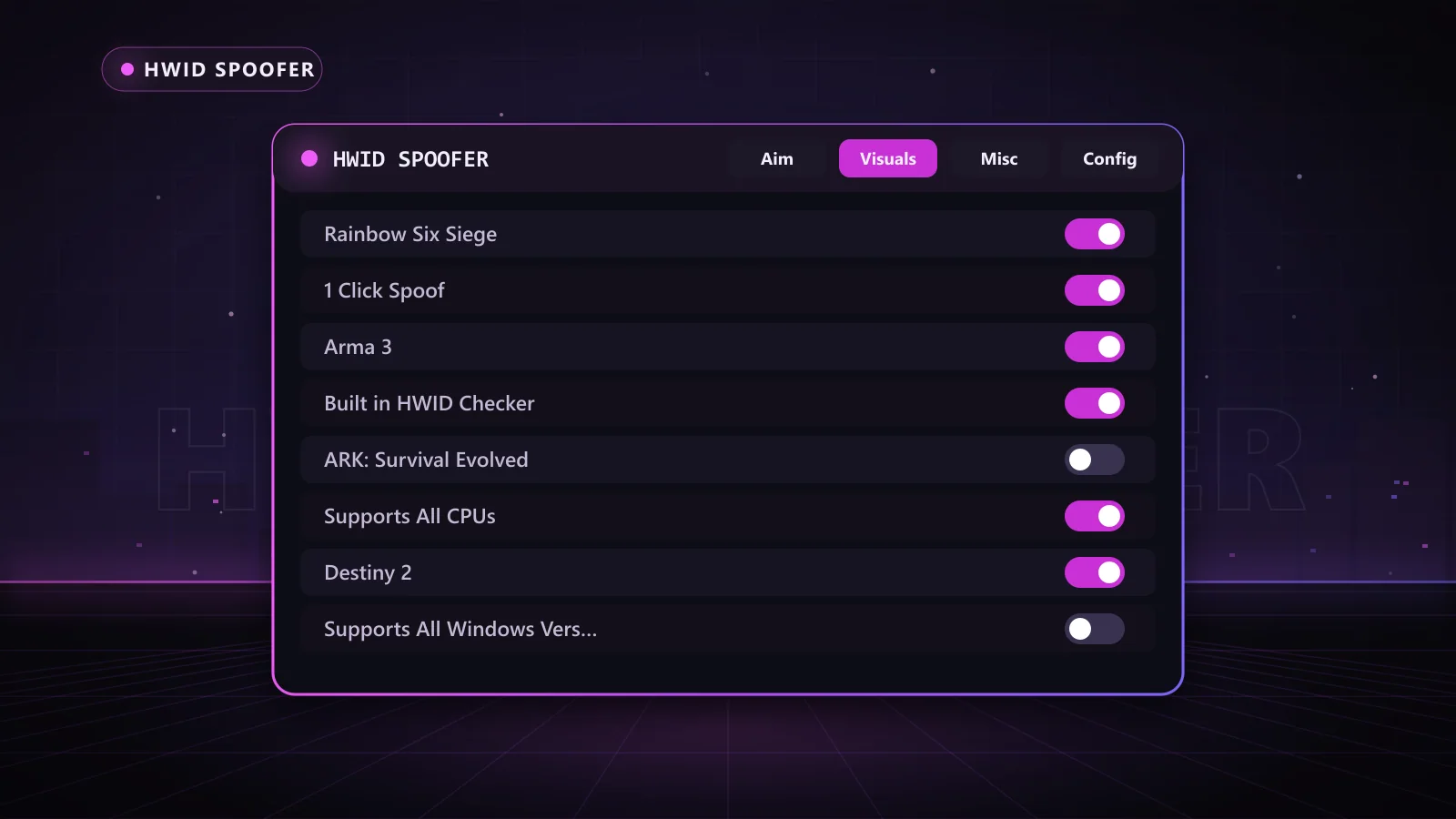 HWID Spoofer for HWID Spoofer: menu with Supports All Windows Versions, Supports All CPUs, 1 Click Spoof