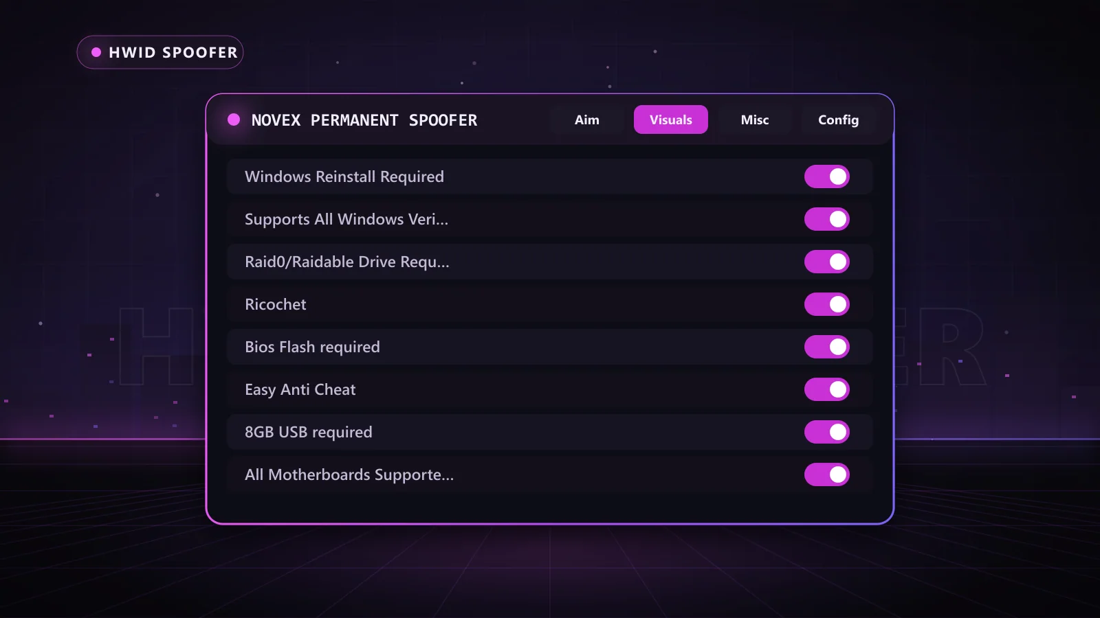 Novex Permanent Spoofer for HWID Spoofer: menu with Supports All Windows Verison, Raid0/Raidable Drive Required, Windows Reinstall Required