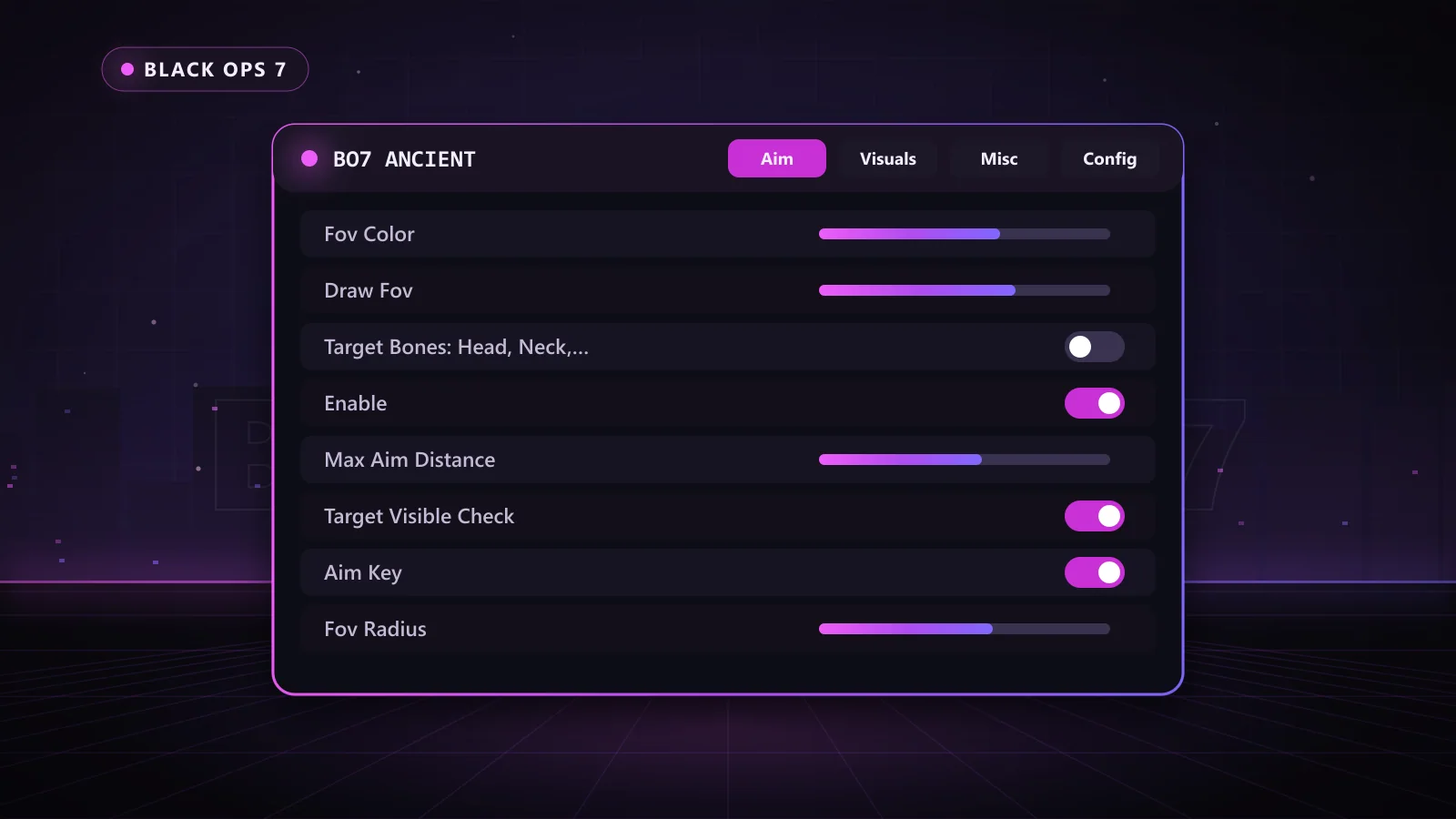 BO7 Ancient for Black Ops 7: menu with Enable, Aim Key, Draw Fov