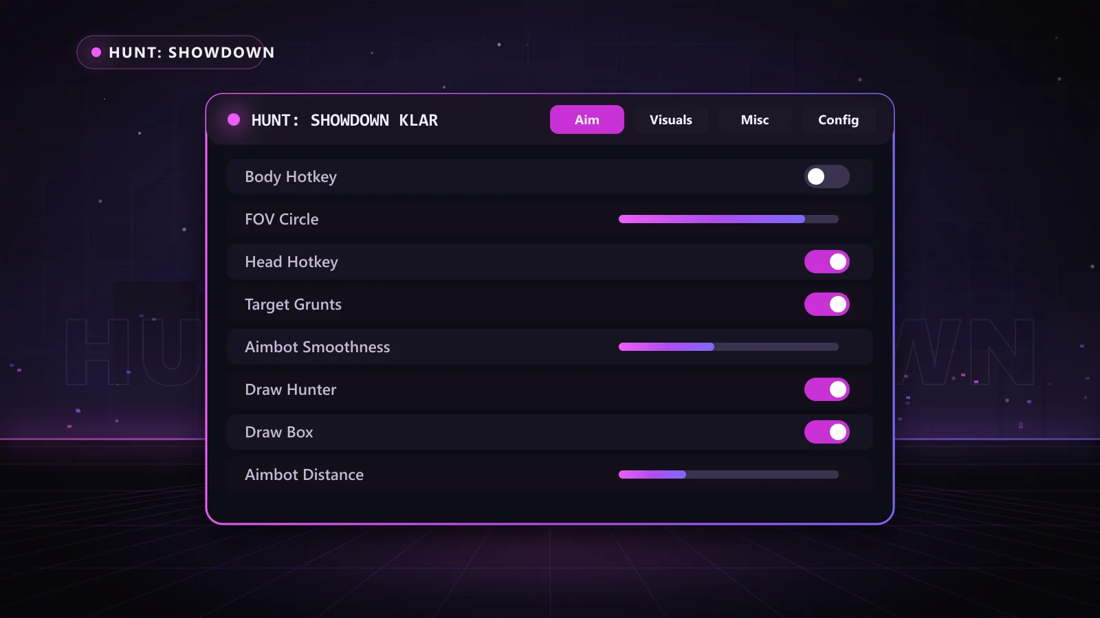 Hunt: Showdown Klar for Hunt: Showdown: menu with Aimbot enable / disable, Head Hotkey, Body Hotkey