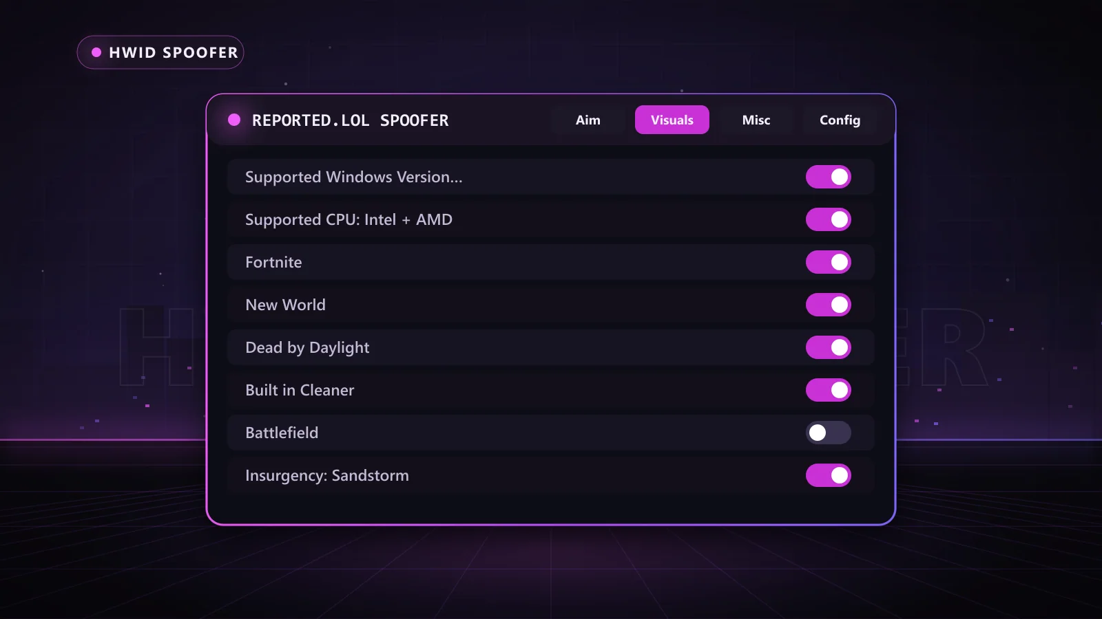 Reported.lol Spoofer for HWID Spoofer: menu with Supported CPU: Intel + AMD, Supported Windows Versions: 10 - 11, Built in Cleaner