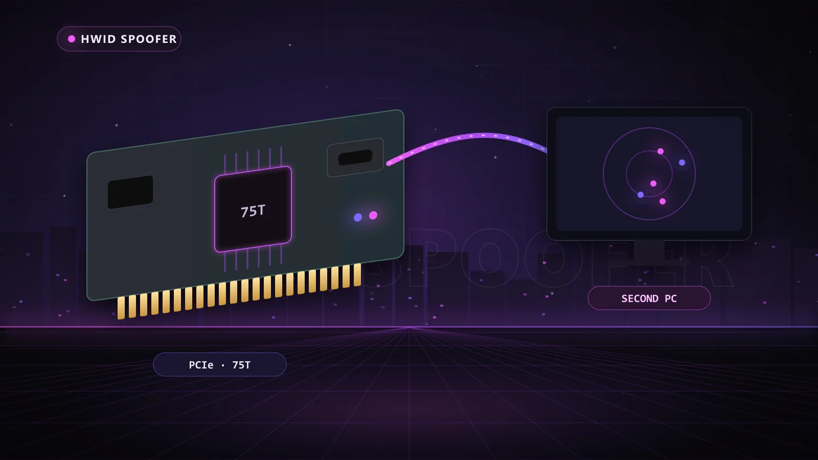 Illustration of a DMA card linked to a second PC in HWID Spoofer