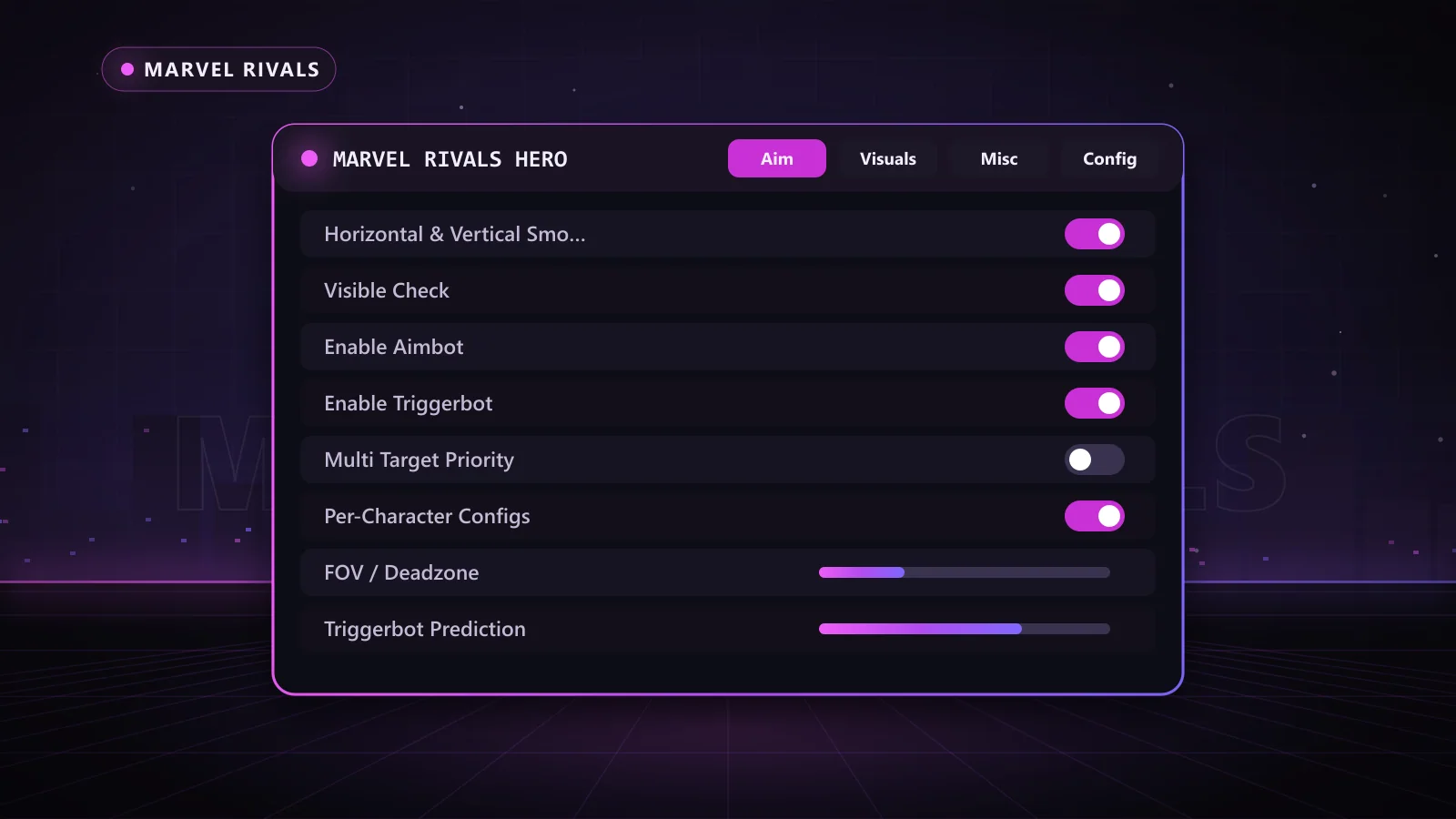 Marvel Rivals Hero for Marvel Rivals: menu with Enable Aimbot, Per-Character Configs, Prediction