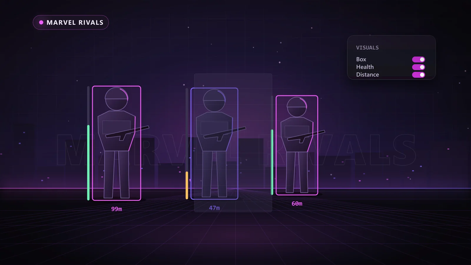 Illustration of ESP boxes, health bars and distance tags on enemy players in Marvel Rivals