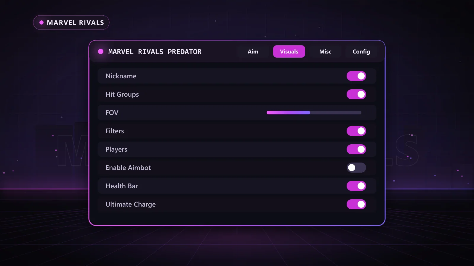 Marvel Rivals Predator for Marvel Rivals: menu with Enable Aimbot, Hit Groups, FOV