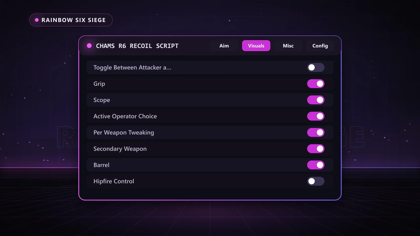 Chams R6 Recoil Script for Rainbow Six Siege: menu with Active Operator Choice, Toggle Between Attacker and Defender, Primary Weapon