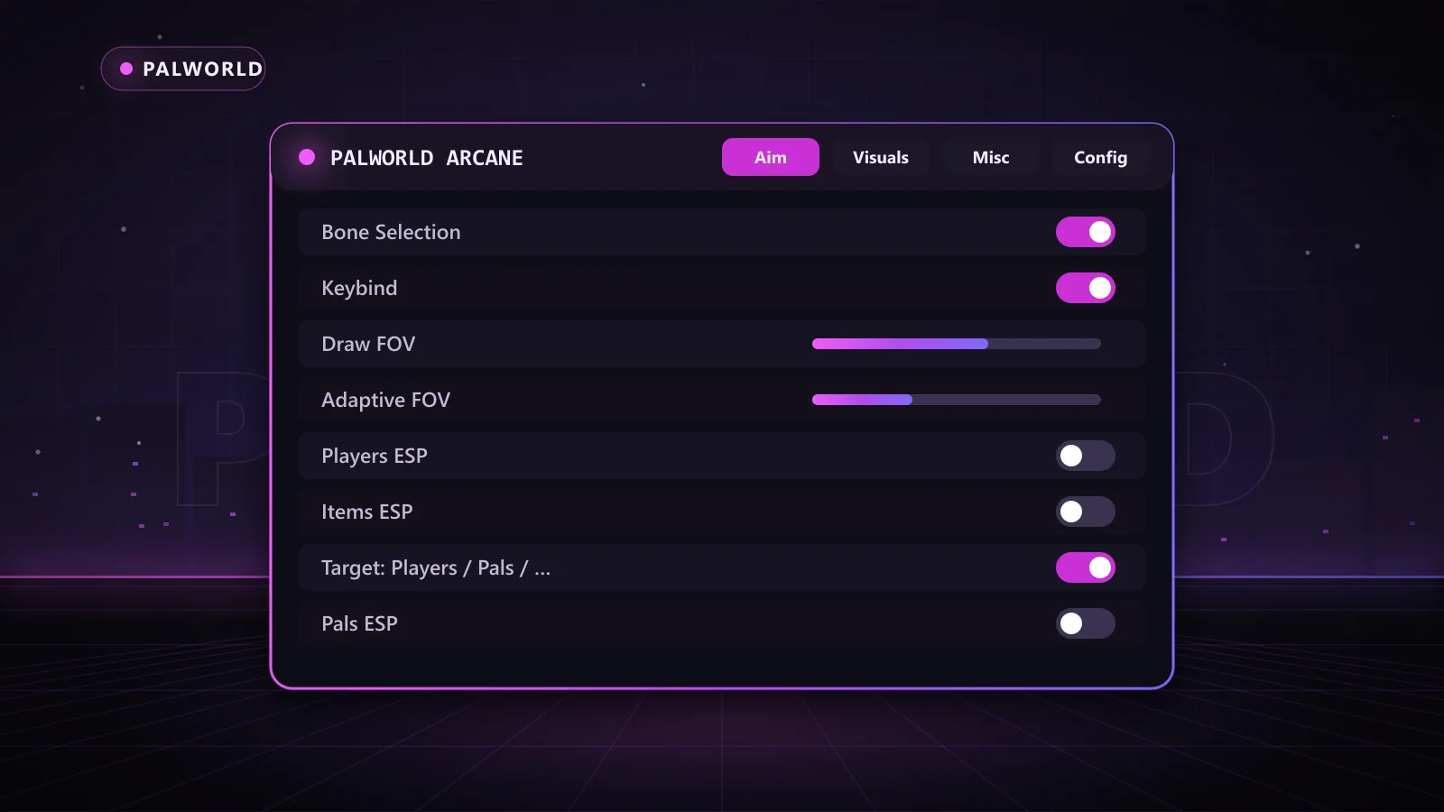 Palworld Arcane for Palworld: menu with Enable Aimbot, Target: Players / Pals / Humans, Bone Selection