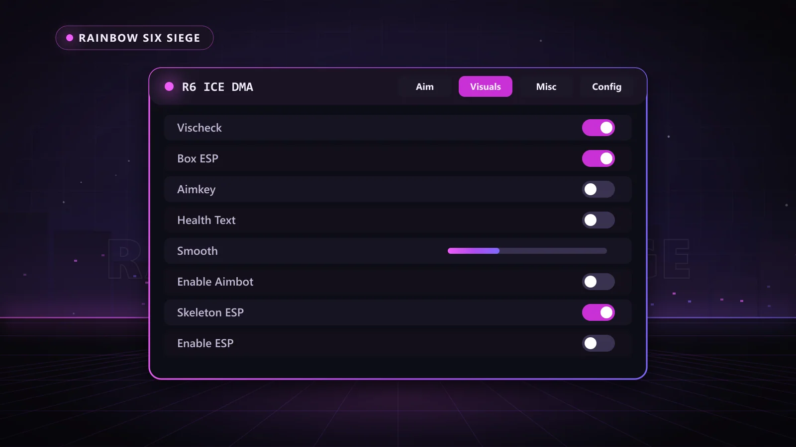 R6 Ice DMA for Rainbow Six Siege: menu with Enable Aimbot, Vischeck, Aimkey
