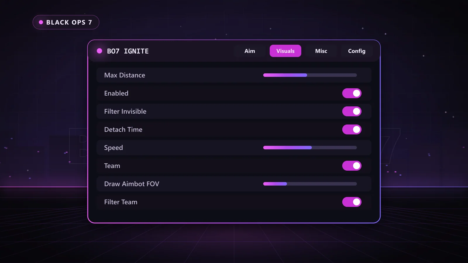 BO7 Ignite for Black Ops 7: menu with Enabled, Speed, Field of View