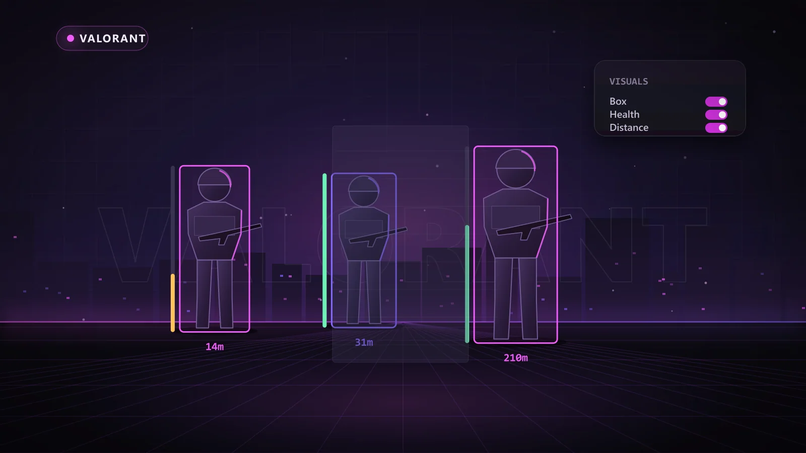 Illustration of ESP boxes, health bars and distance tags on enemy players in Valorant