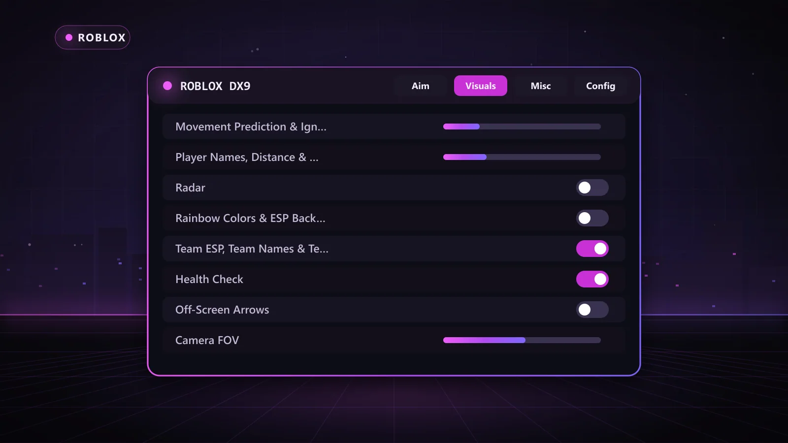 Roblox DX9 for Roblox: menu with Health, Tracers, Skeleton & Chams, Player Names, Distance & Facing Direction, Movement Prediction & Ignore Ghosts