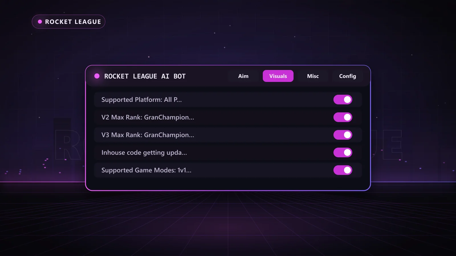 Rocket League AI Bot for Rocket League: menu with Supported Platform: All Platforms, Supported Game Modes: 1v1 / 2v2 / 3v3, Inhouse code getting updated constantly