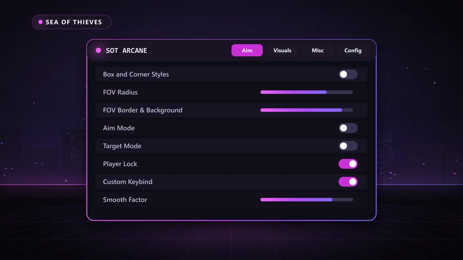 SOT Arcane for Sea of Thieves: menu with Enable Aimbot, Custom Keybind, Aim Mode