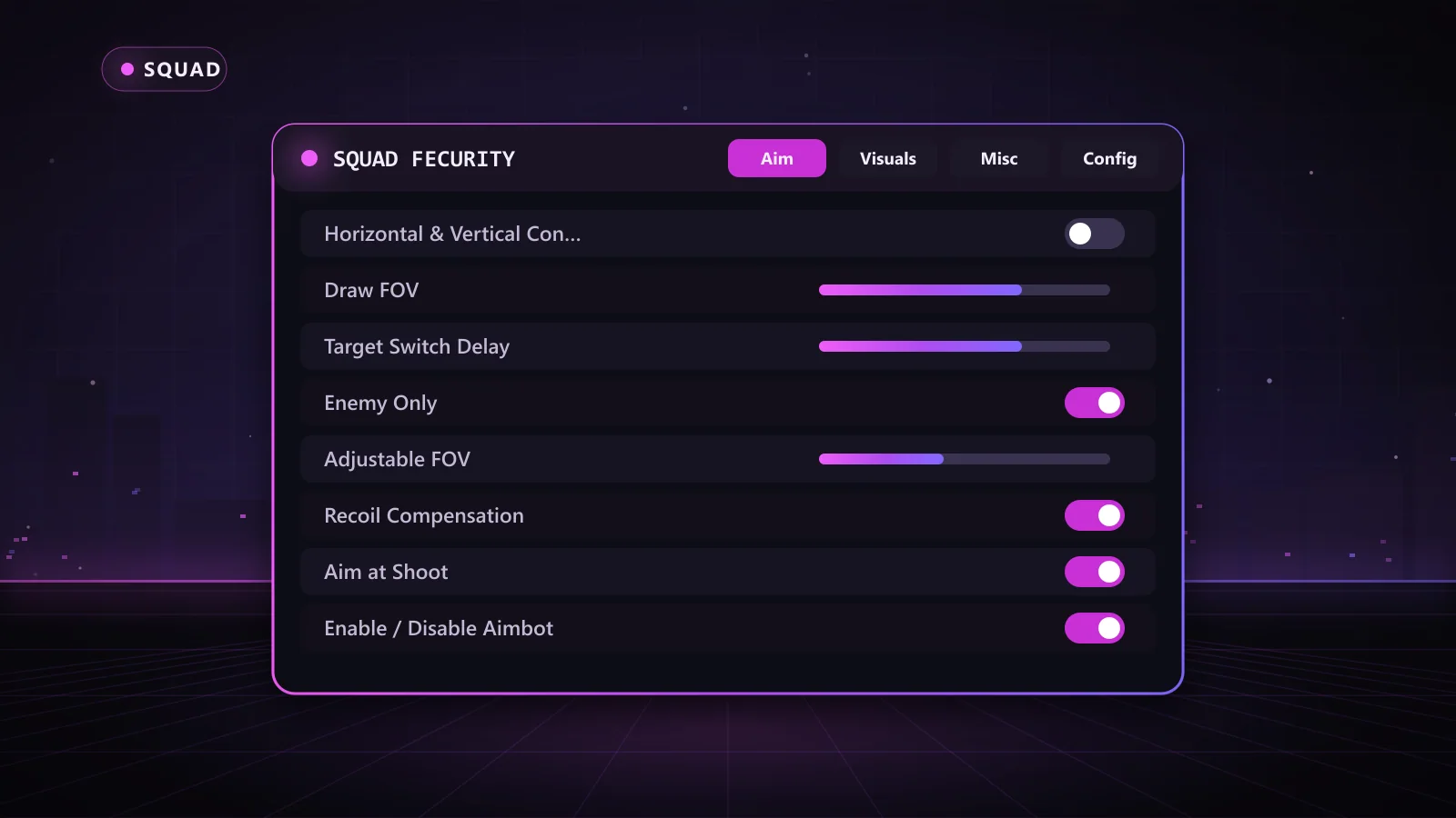 Squad Fecurity for Squad: menu with Enable / Disable Aimbot, Aim at Shoot, Visible Check