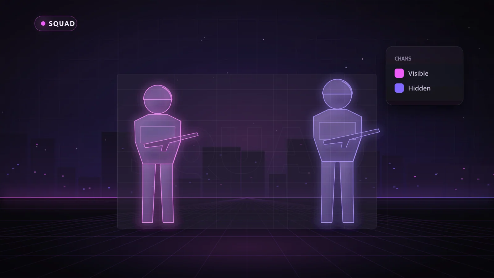 Illustration of ESP boxes, health bars and distance tags on enemy players in Squad