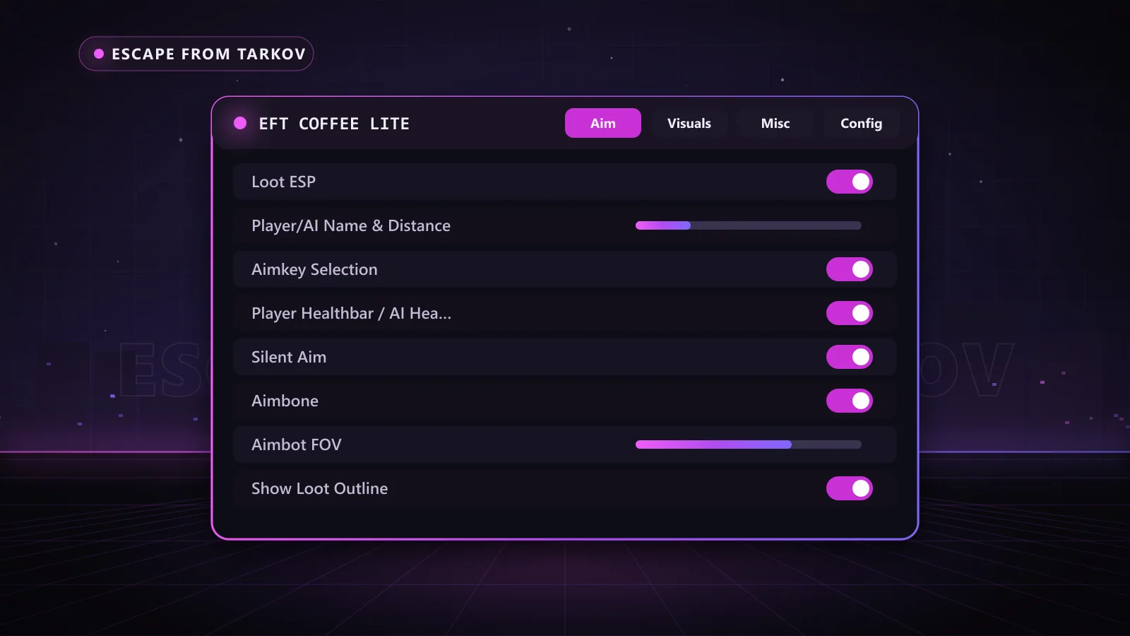 EFT Coffee Lite for Escape from Tarkov: menu with Aimbot, Silent Aim, Aimkey Selection